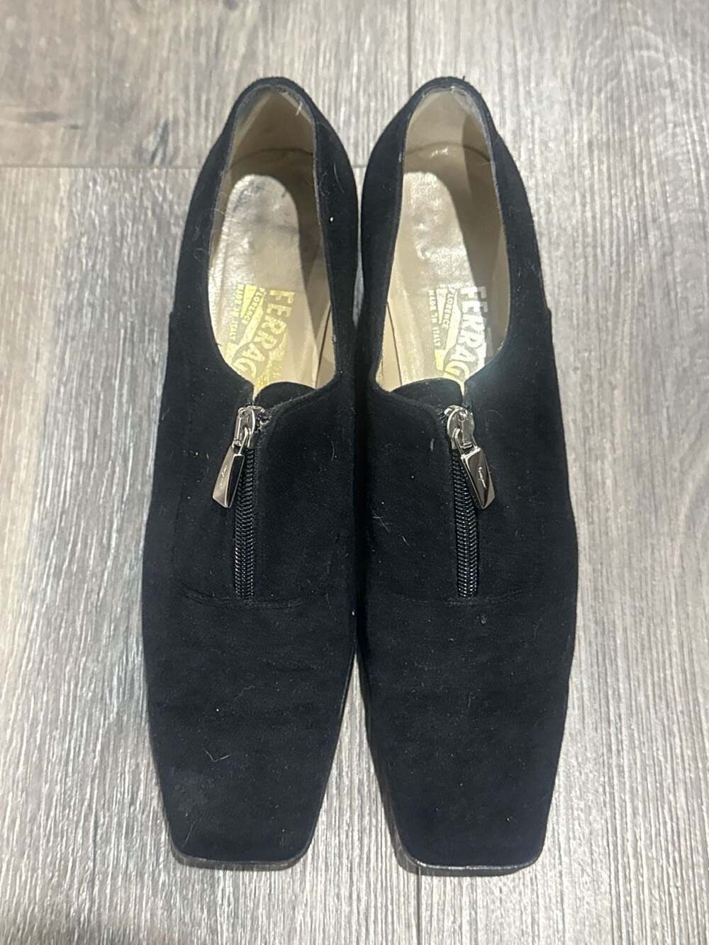 Salvatore Ferragamo Vintage Black Suede Square Toe Front Zip Block Heel Pumps